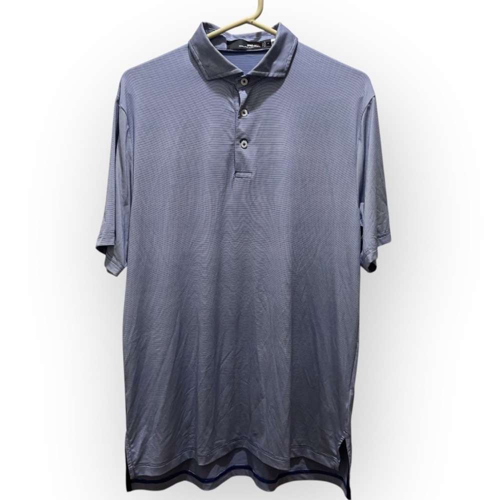 RLX Ralph Lauren Performance Polo Shirt M Blue Stripe Crest Logo RecycledStretch